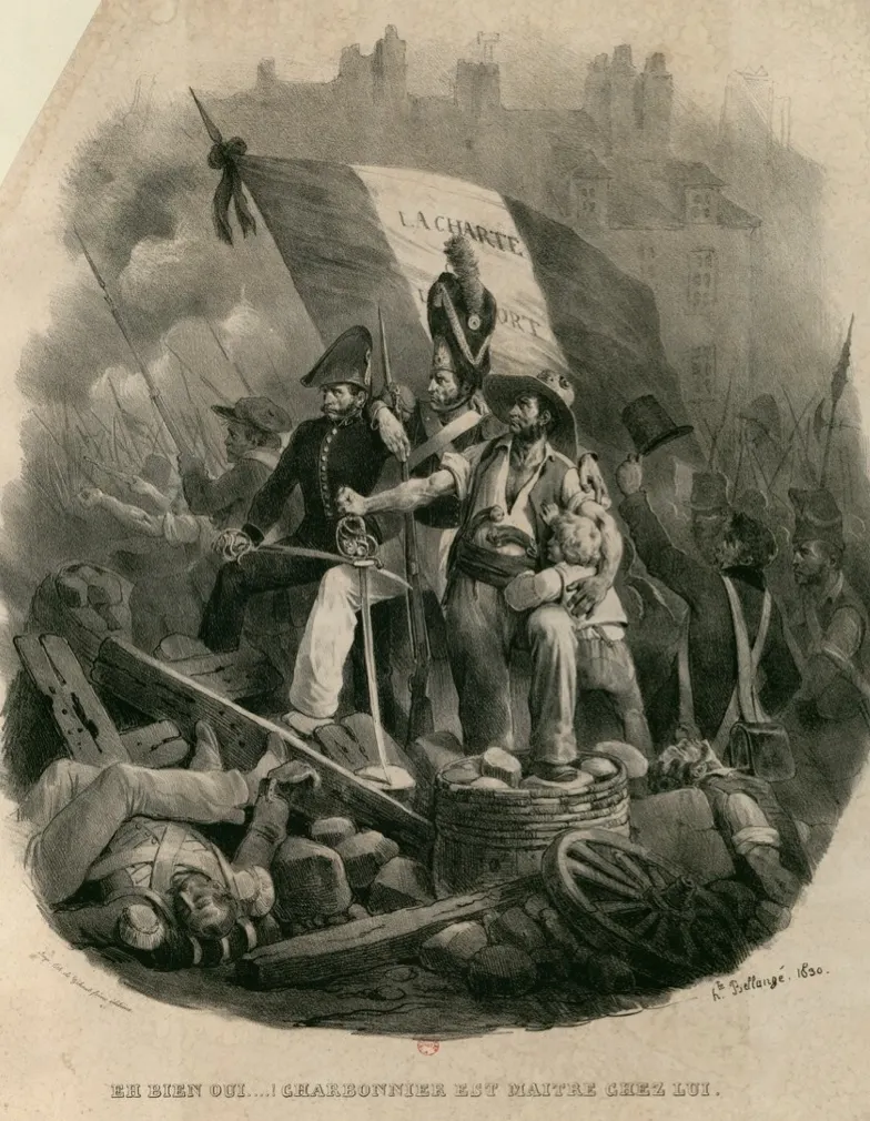 Lithograph of a Paris barricade during the July Revolution of 1830