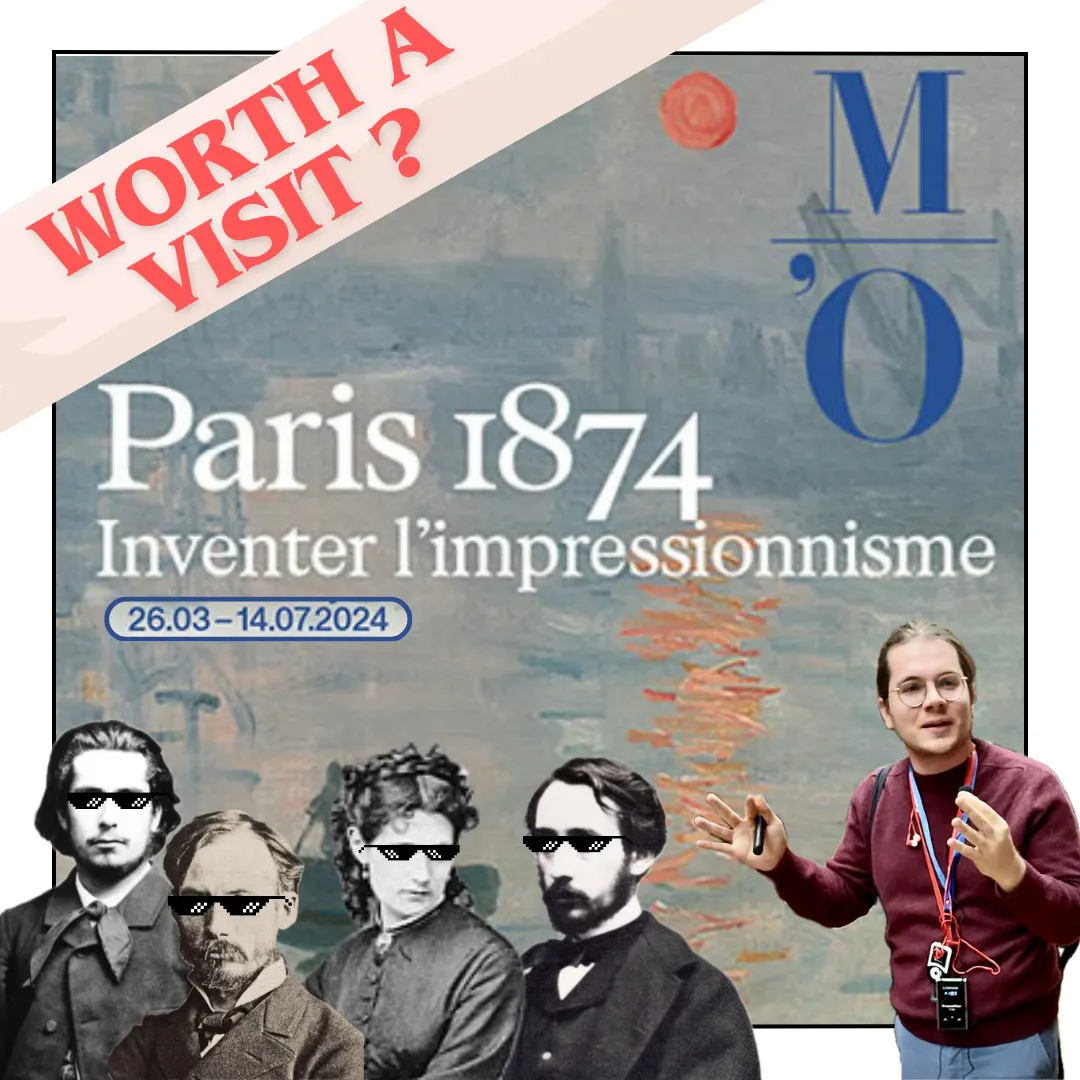 Portraits of Monet, Renoir, Morisot and Degas beside Simon, with the Paris 1874 exhibition poster